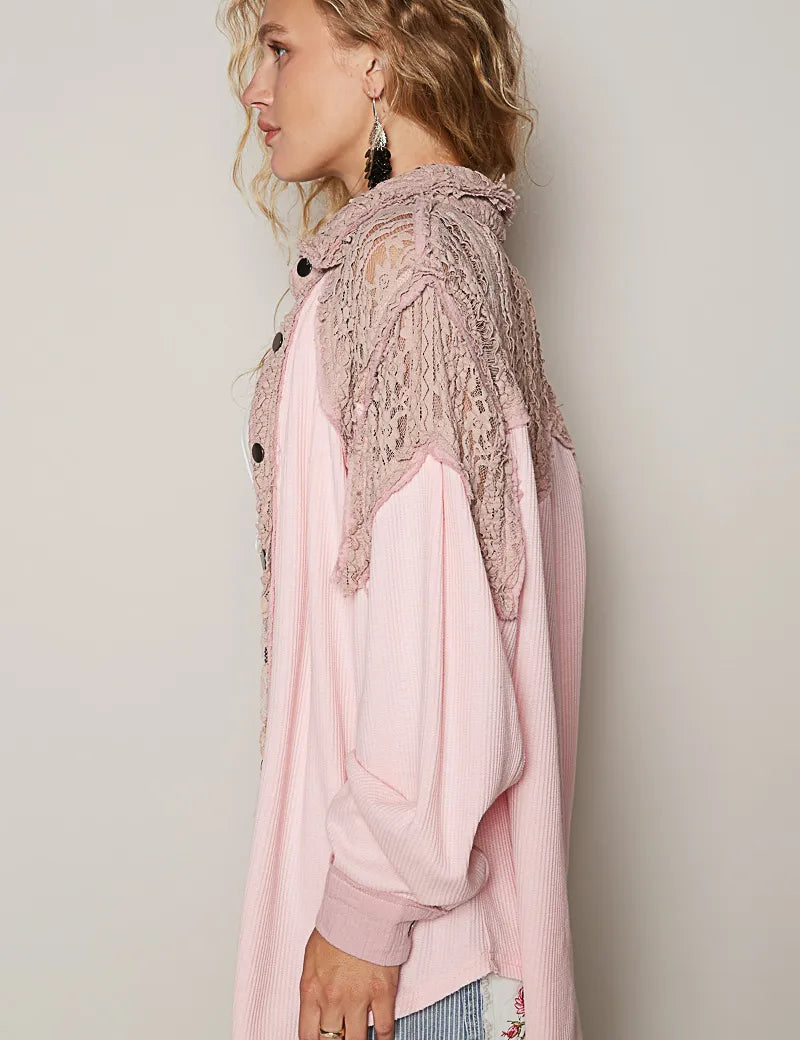 POL Lace Patchwork Button Up Shacket | Daverri Fashions