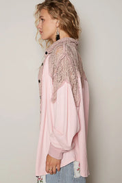 POL Lace Patchwork Button Up Shacket | Daverri Fashions