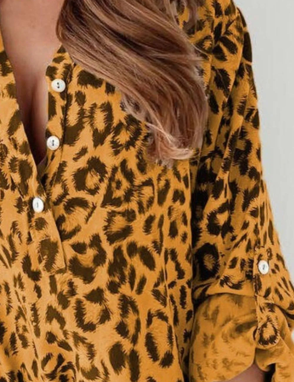 Leopard Button Detail Notched Long Sleeve Blouse | Blouses Daverri Fashions