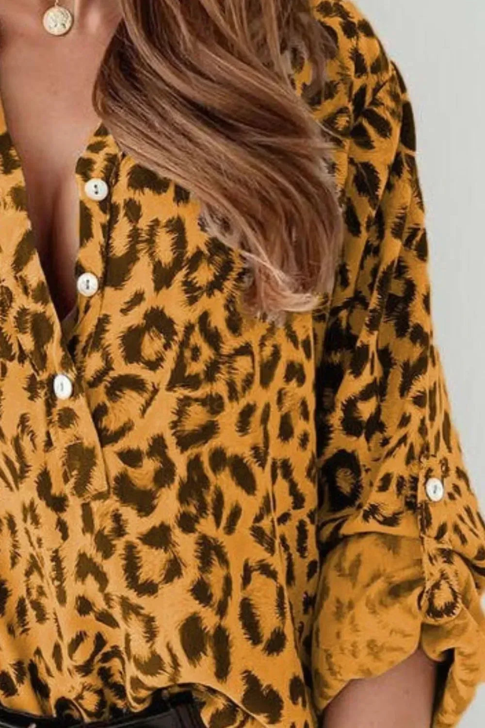 Leopard Button Detail Notched Long Sleeve Blouse - DAVERRI FASHIONS