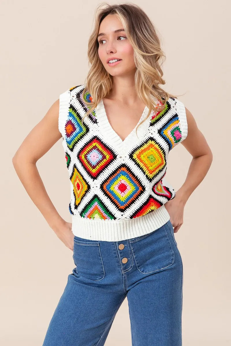BiBi Diamond Granny Square Sweater Vest | Sweater Vests Daverri Fashions