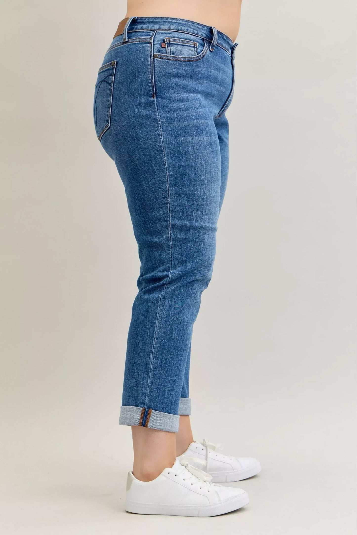 Judy Blue Full Size Mid Rise BF Classic Cuffed Jeans Plus Size - DAVERRI FASHIONS