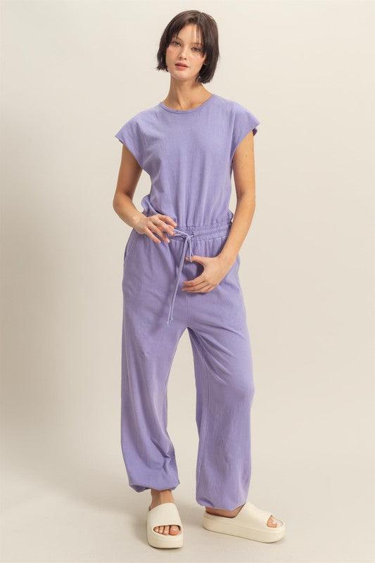 HYFVE Back Keyhole Round Neck Cap Sleeve Drawstring Jumpsuit Jumpsuits