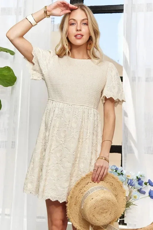 ADORA Rround Neck Crinkle Babydoll Dress - DAVERRI FASHIONS