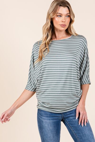 BOMBOM Striped Boat Neck Dolman Sleeve Top Tops