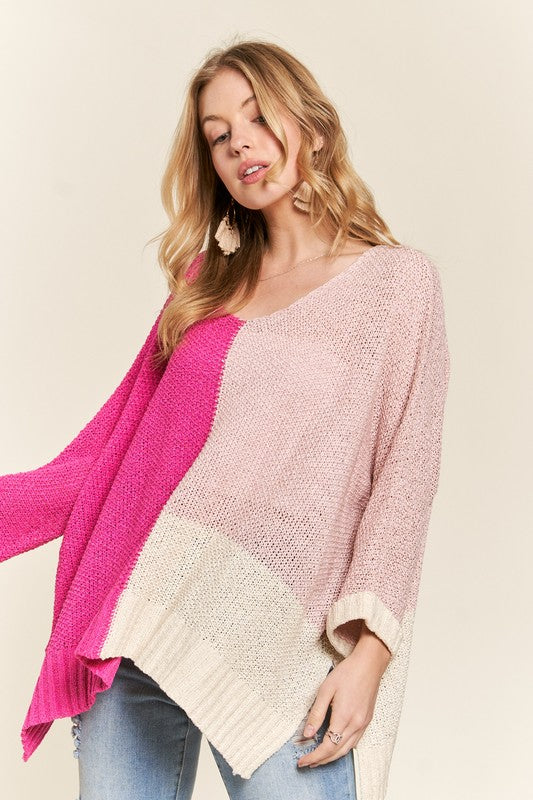 ADORA Side Slit Color Block Long Sleeve Sweater Hot Pink