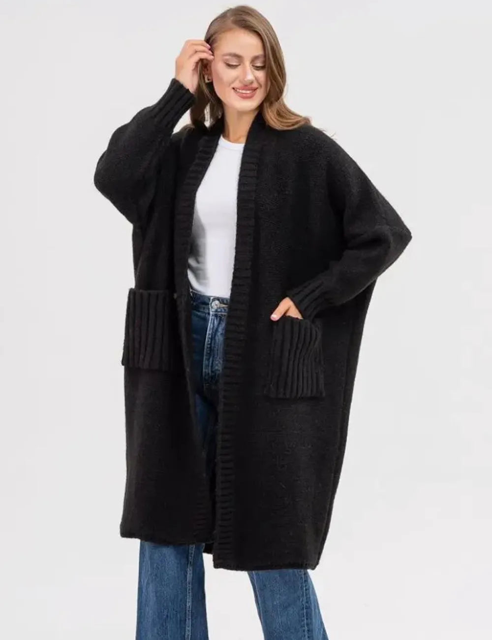 Black One Size Pocketed Open Front Long Sleeve Longline Cardigan | Cardigans Daverri Fashions
