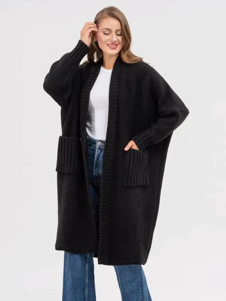Black One Size Pocketed Open Front Long Sleeve Longline Cardigan | Cardigans Daverri Fashions