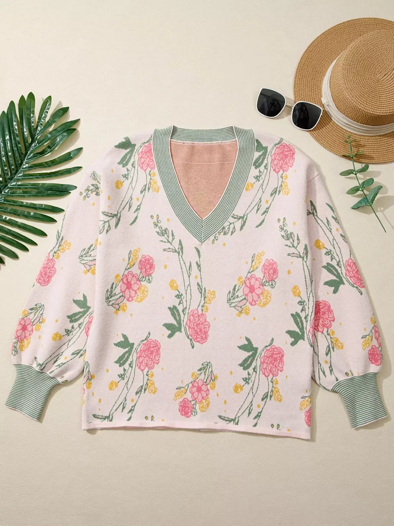 Floral Pattern Striped V Neck Loose Sweater - DAVERRI FASHIONS