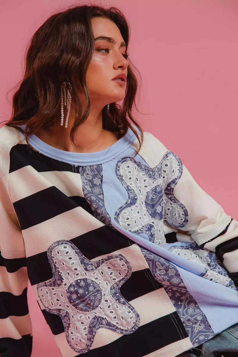 BiBi patchwork striped round neck sweatshirt with floral appliques