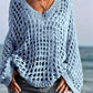 Light blue open-knit crochet sweater with V-neck and bell sleeves