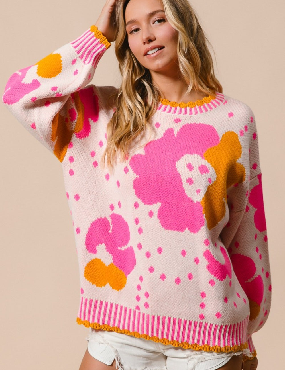 BiBi Flower Pattern Contrast Sweater Pink Combo Sweaters