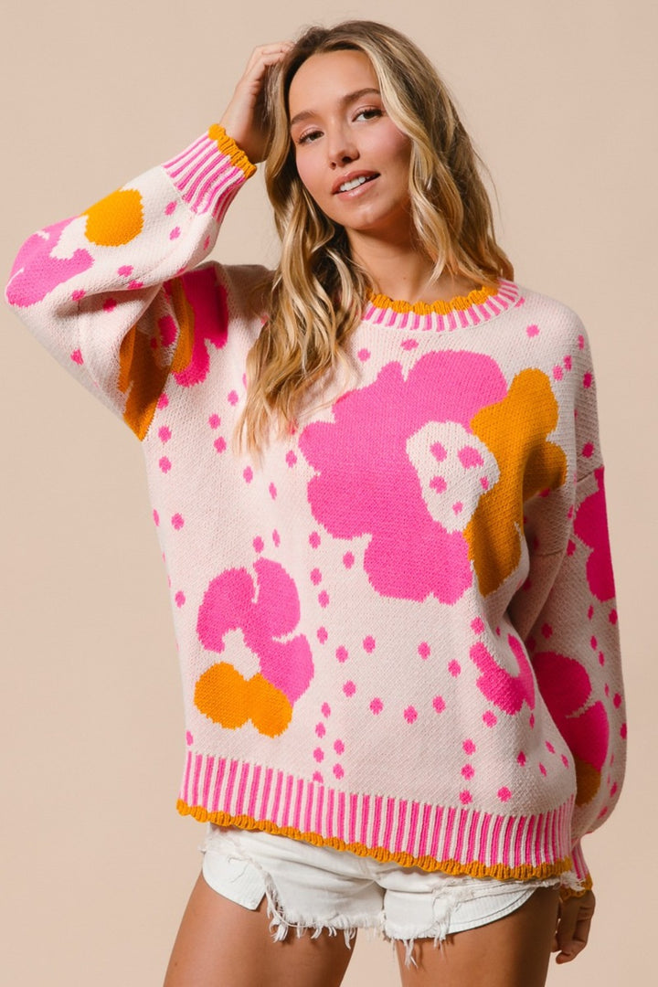 BiBi Flower Pattern Contrast Sweater Pink Combo Sweaters