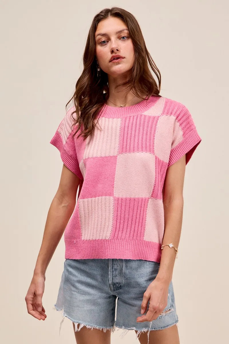 SO ME Check Plaid Casual Sweater Top BLUSH PINK