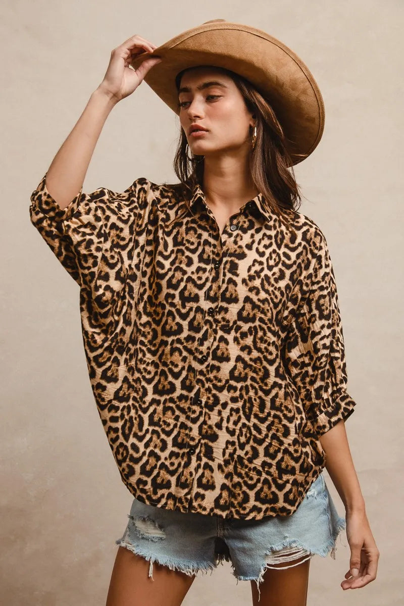 BiBi Leopard Prints Oversized Short Sleeves Top Tops