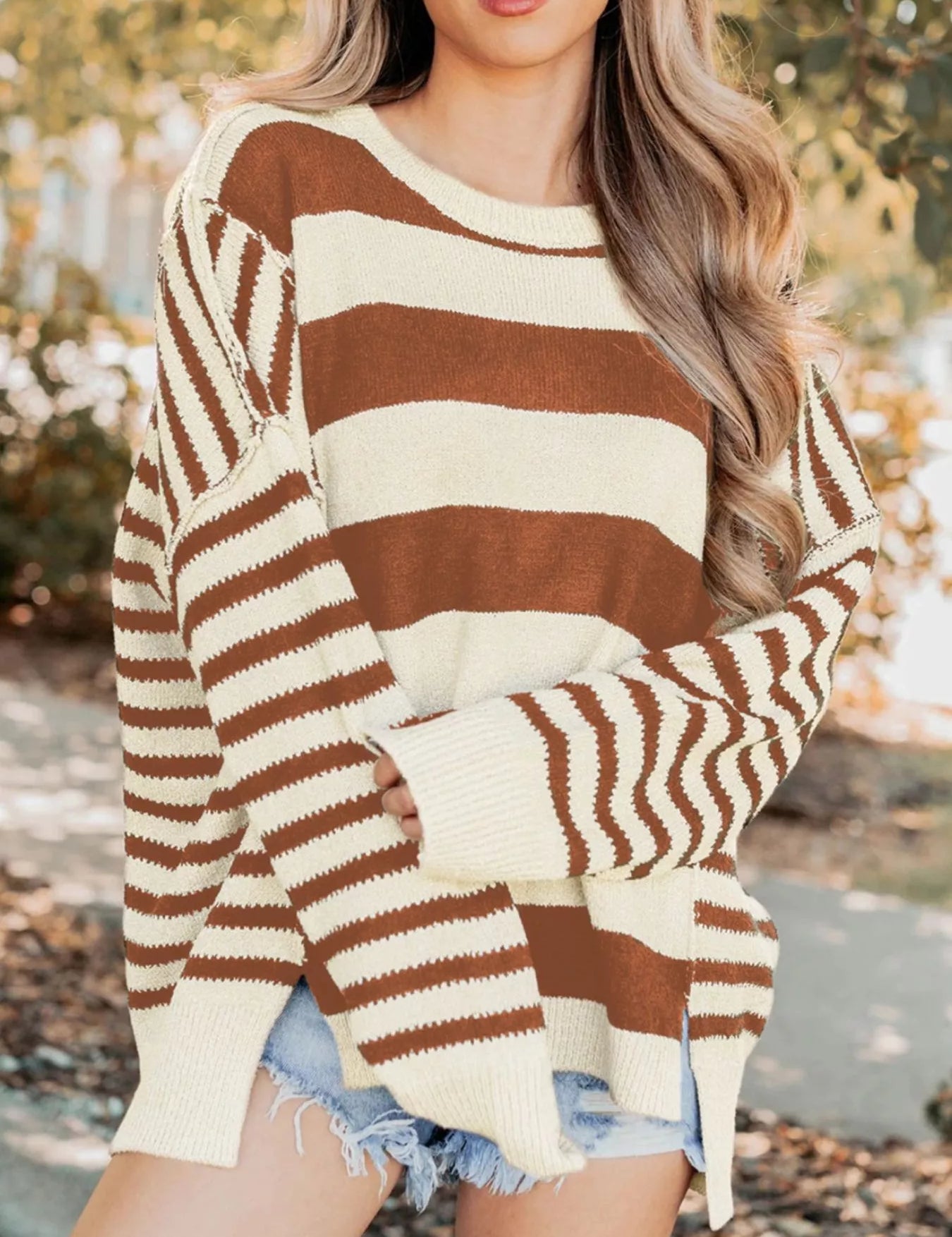 Brown and white striped drop shoulder patchwork baggy sweater