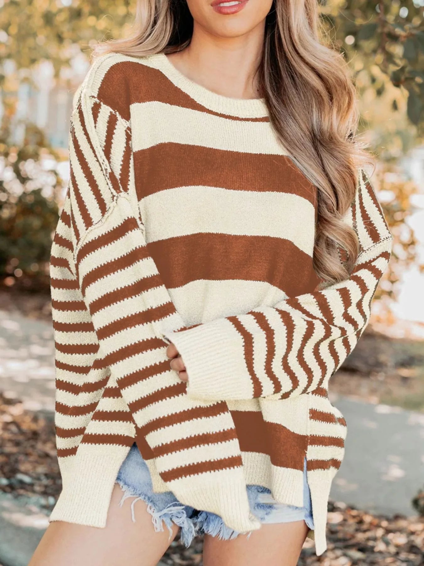 Brown and white striped drop shoulder patchwork baggy sweater