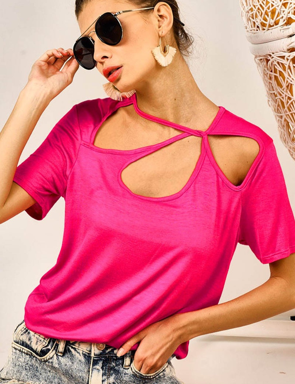 BiBi Cutout Asymmetrical Neck Short Sleeve T-Shirt Fuchsia