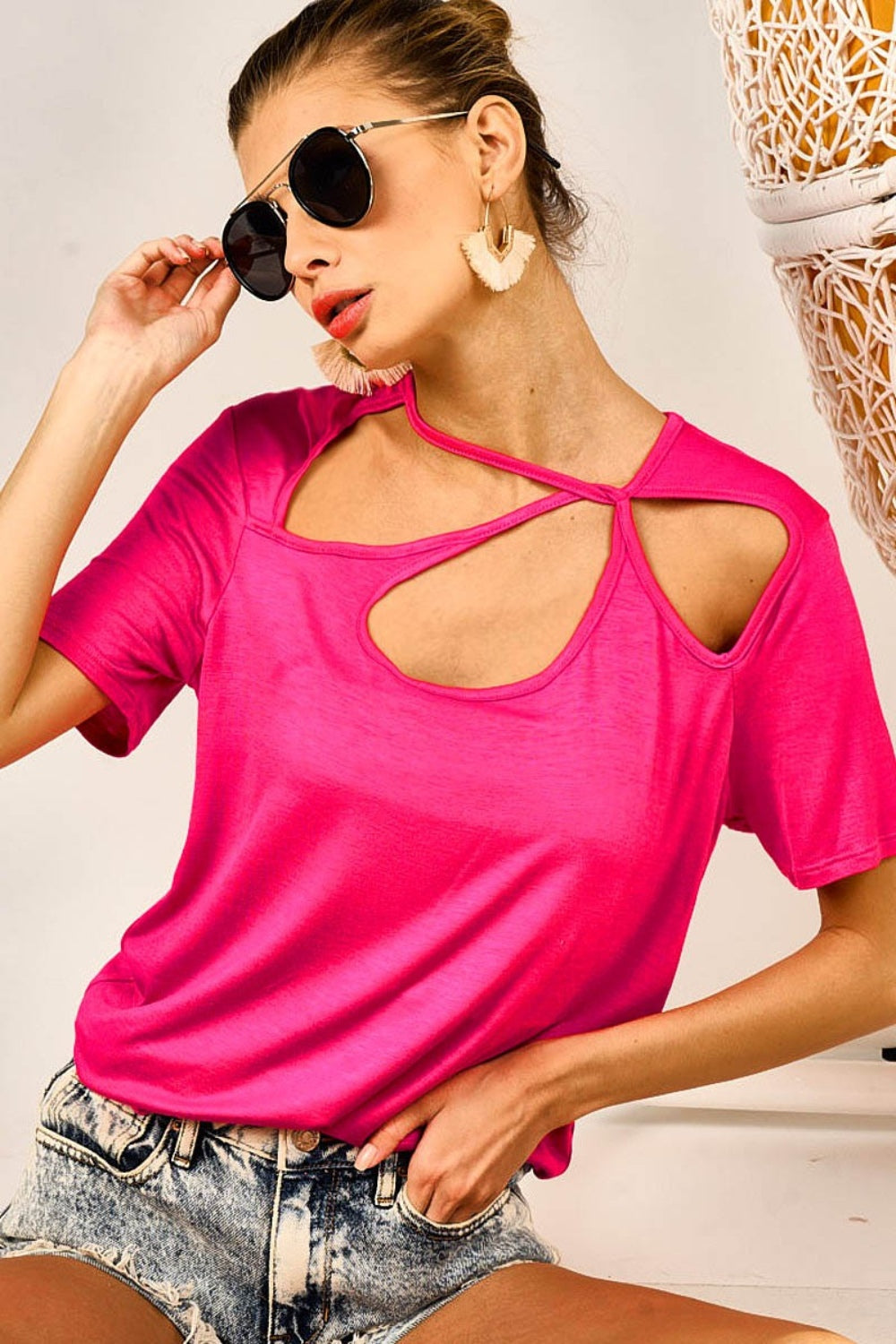 BiBi Cutout Asymmetrical Neck Short Sleeve T-Shirt Fuchsia