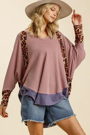 Umgee Full Size Leopard High-Low Dolman Sleeve Waffle Knit Top Plus Size Dusty Pink