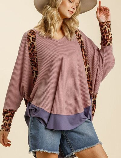 Umgee Full Size Leopard High-Low Dolman Sleeve Waffle Knit Top Plus Size Dusty Pink