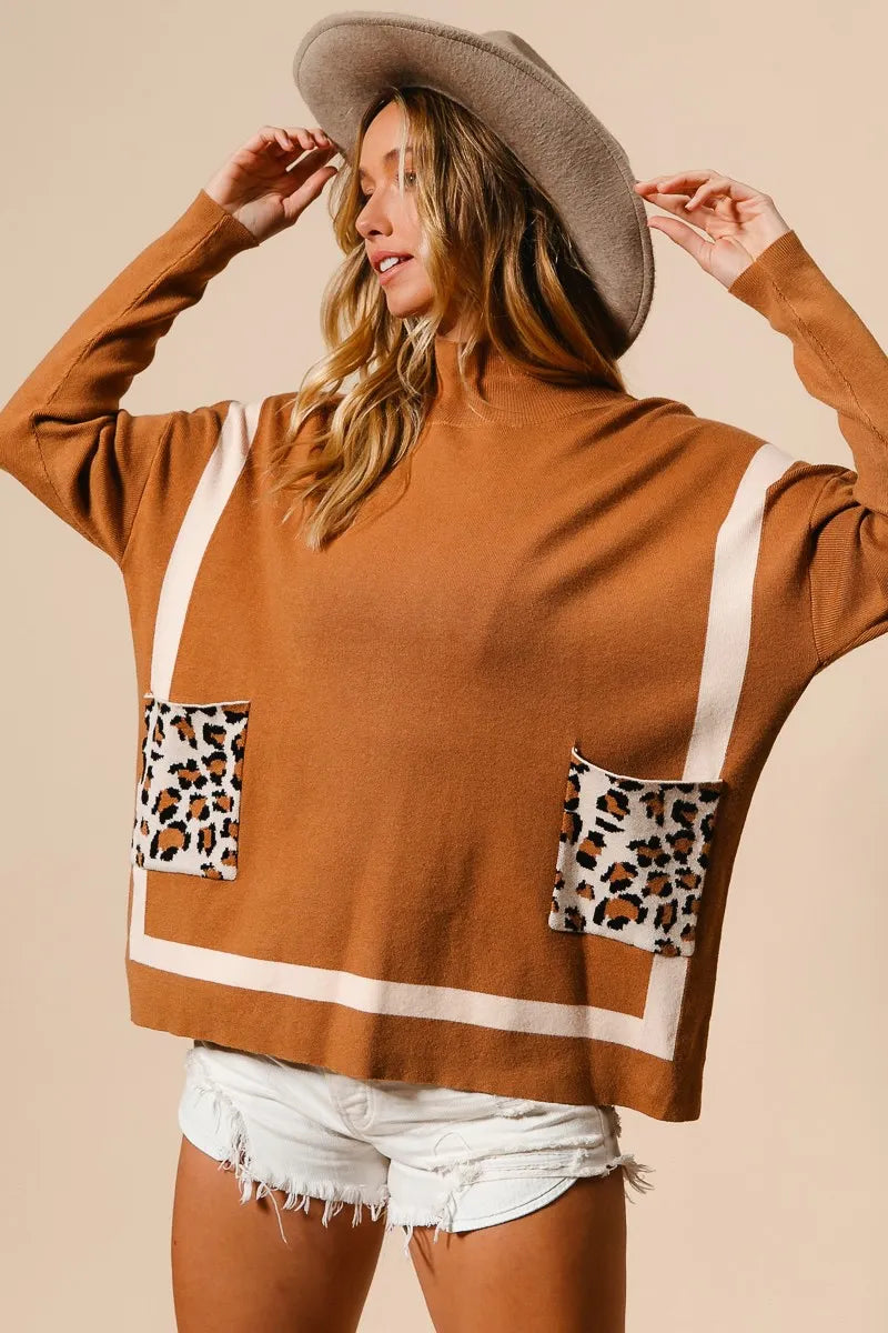 BiBi Mock Neck Sweater with Leopard Pocket Sweaters