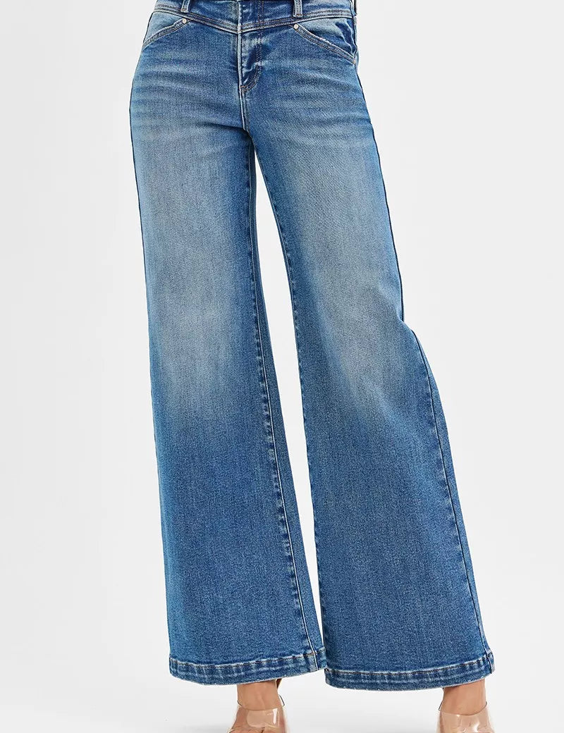 RISEN High Rise Wide Leg Jenas with Front Yoke and Heart Back Pocket | Jeans Daverri Fashions