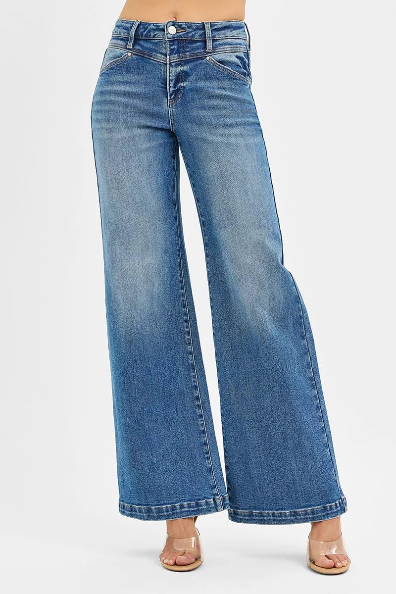 RISEN High Rise Wide Leg Jenas with Front Yoke and Heart Back Pocket | Jeans Daverri Fashions