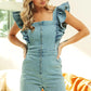 BiBi Zip Up Front Denim Romper With Ruffles Rompers