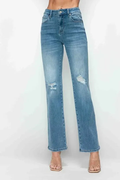 bytos Full Size Distressed High Rise Straight Jeans - DAVERRI FASHIONS