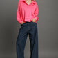 Umgee Exposed Seam Long Sleeve Polo Top with Side Slit Tops