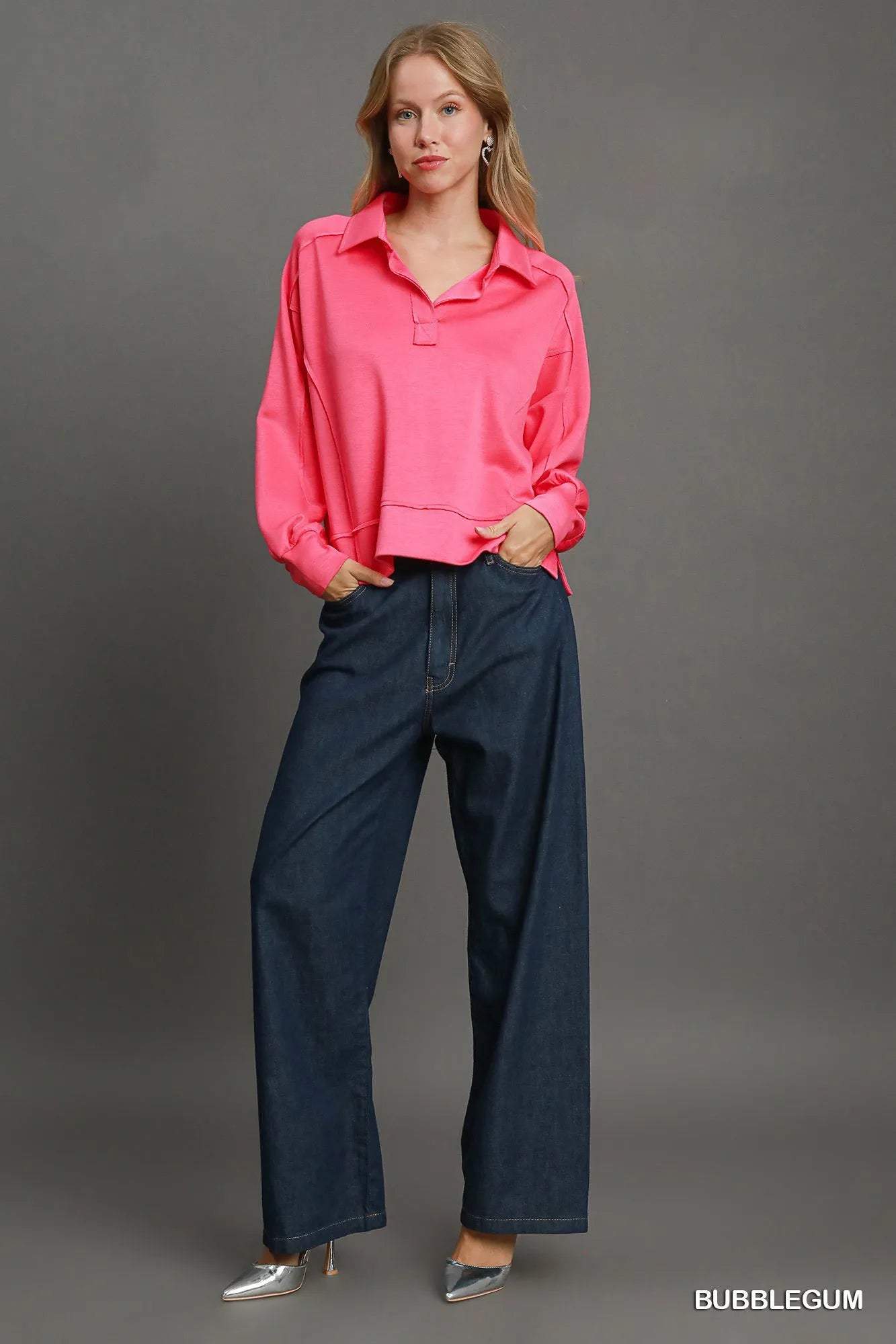 Umgee Exposed Seam Long Sleeve Polo Top with Side Slit Tops