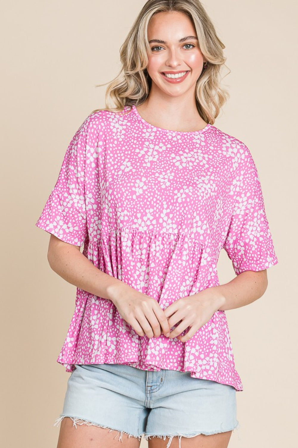 BOMBOM Floral Round Neck Peplum Blouse Pink