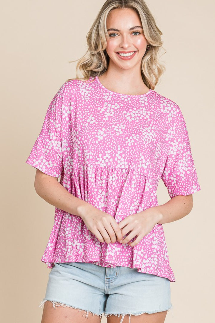 BOMBOM Floral Round Neck Peplum Blouse Pink