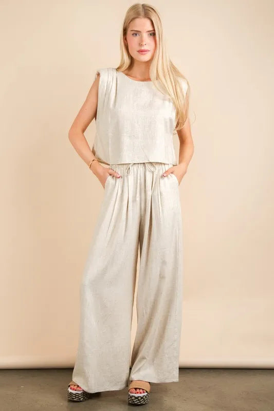 VERY J Solid Woven Top & Pants Set Oatmeal Outfit Sets