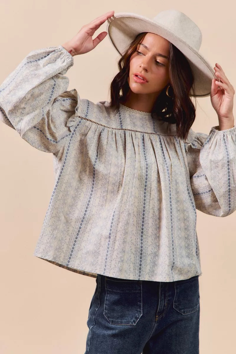 SO ME Floral Cotton Print Ruffled Long Sleeve Blouse | Daverri Fashions