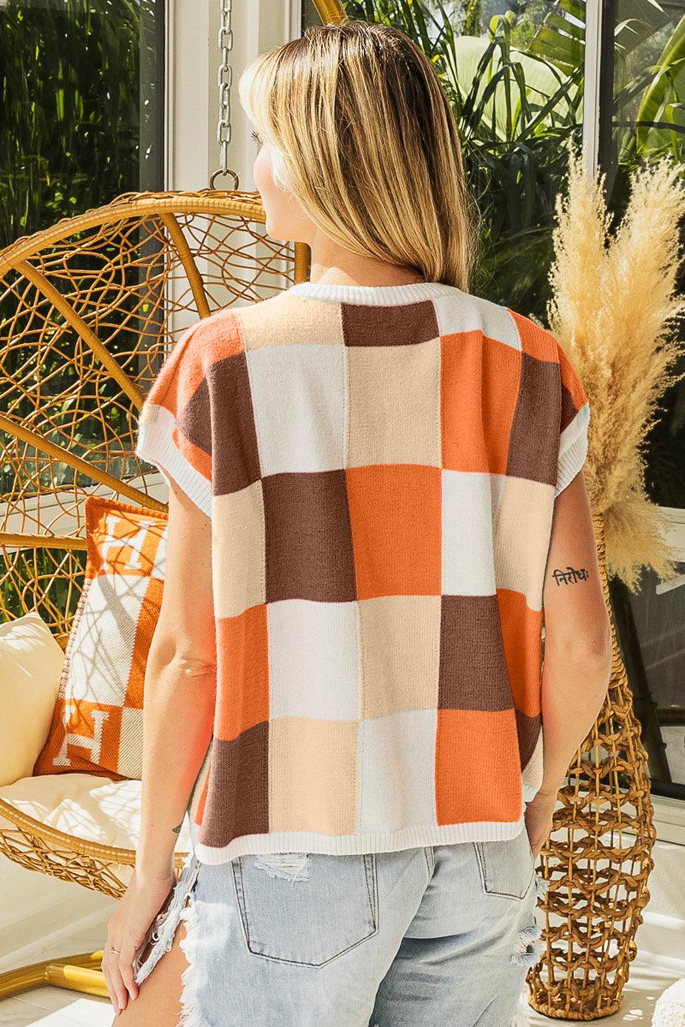 BiBi Color Block Checkered Sweater Vest Sweaters