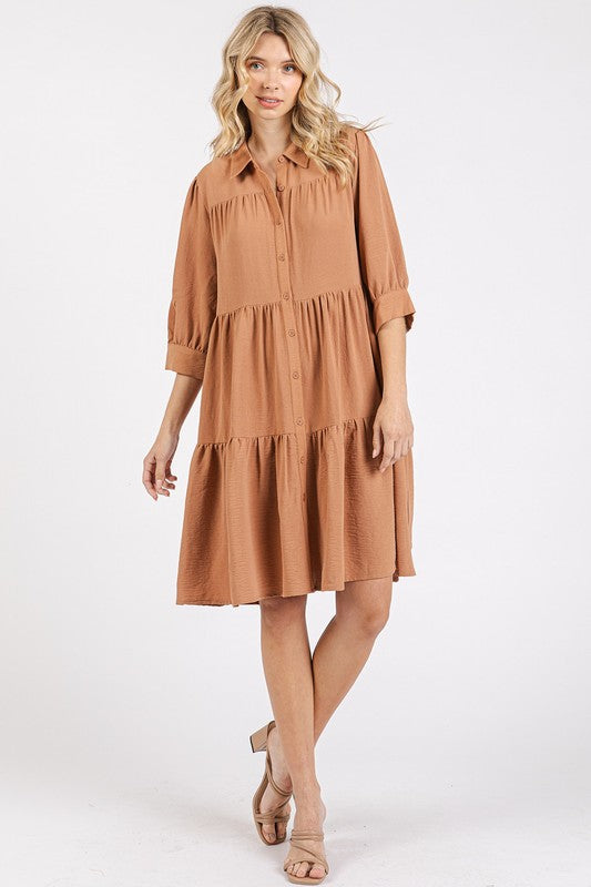 Mittoshop Button Detail Collared Neck Tiered Shirt Dress