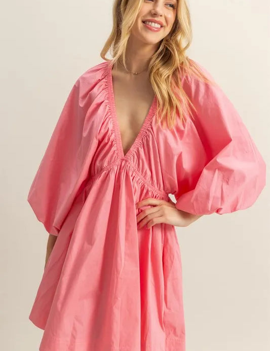 HYFVE Plunge Balloon Sleeve Poplin Mini Dress with Pockets | Mini Dresses Daverri Fashions