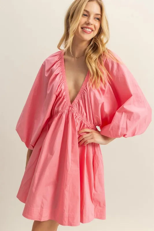 HYFVE Plunge Balloon Sleeve Poplin Mini Dress with Pockets Mini Dresses