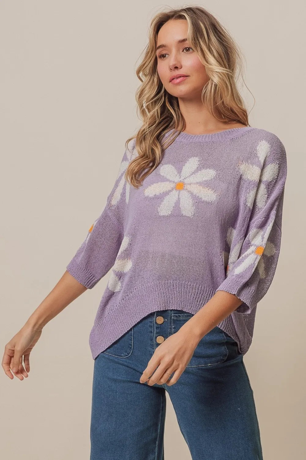 BiBi Floral Pattern Slit Sweater Lavender | Sweaters Daverri Fashions