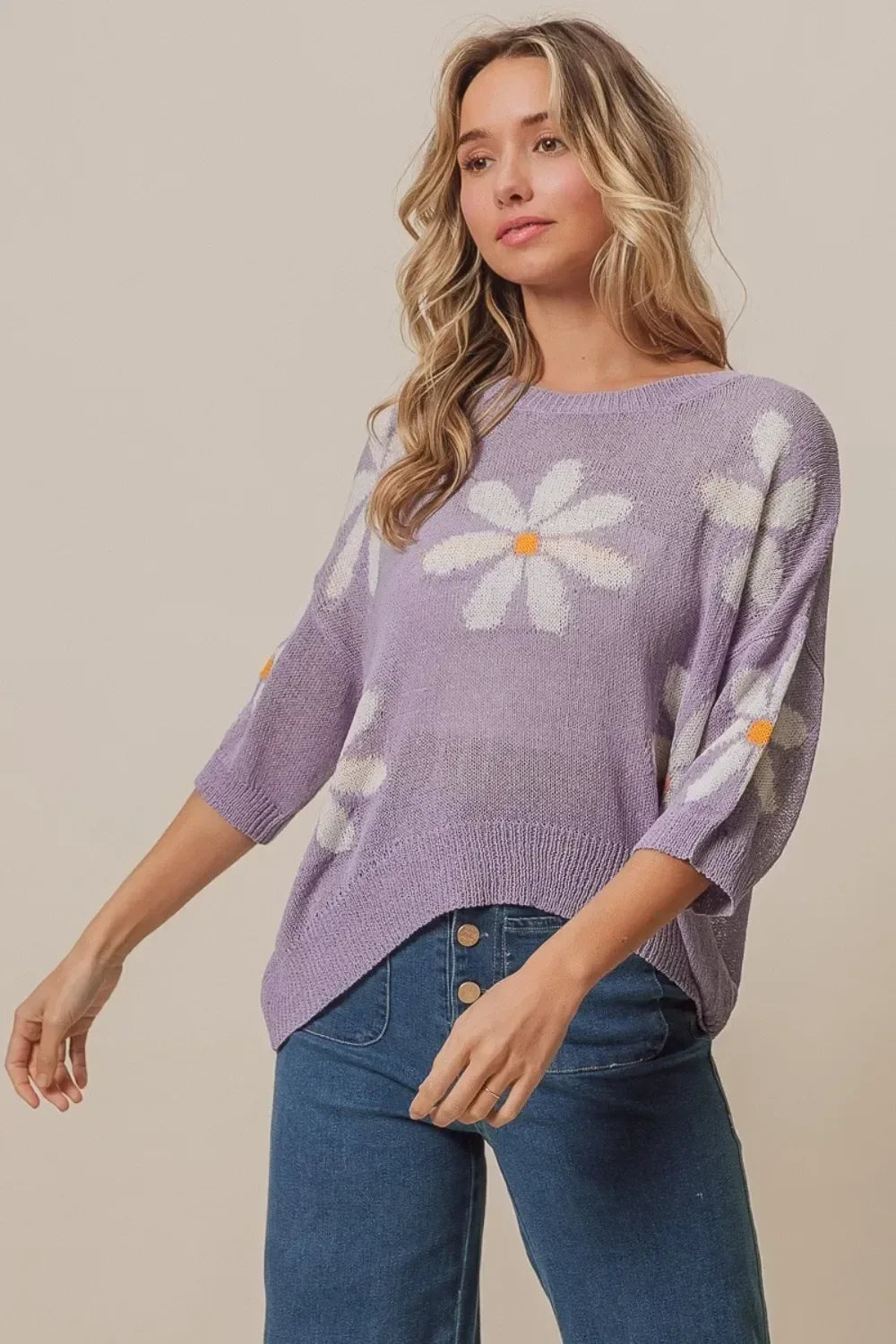 BiBi Floral Pattern Slit Sweater Lavender - DAVERRI FASHIONS