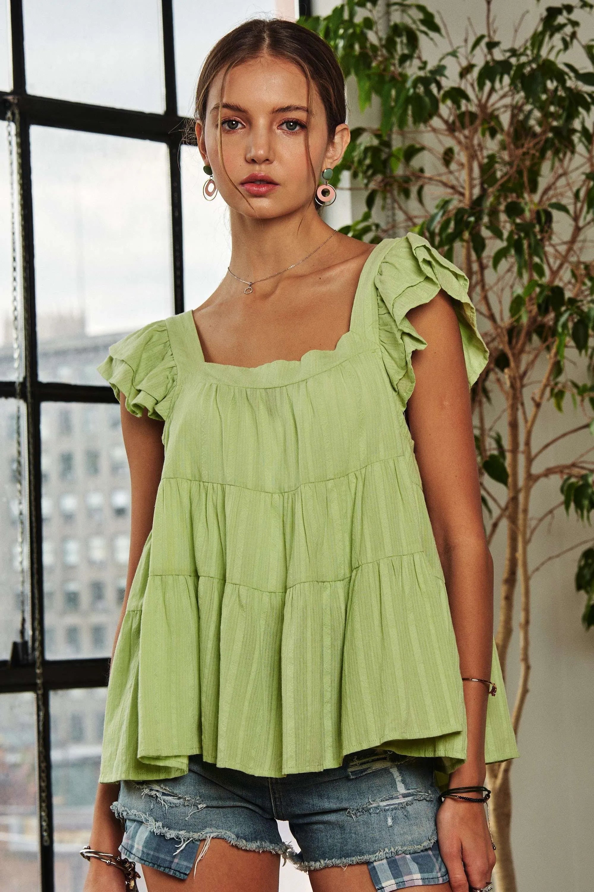 ADORA Ruffle Sleeve Babydoll Tunic Top SAGE L Tops