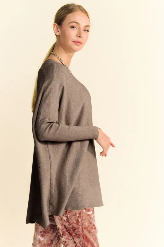Davi & Dani Round Neck Dropped Shoulder Long Sleeve Knit Top | Knit Tops Daverri Fashions