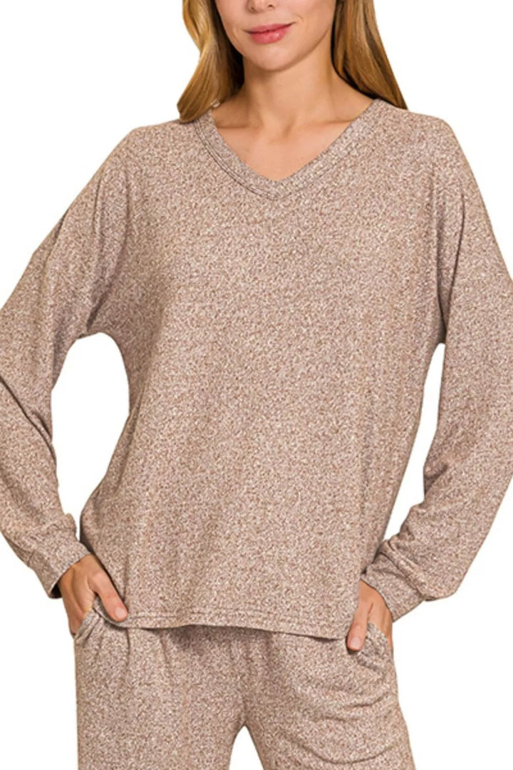 Zenana Soft Melange Long Sleeve Tee & Pants Set | Daverri Fashions
