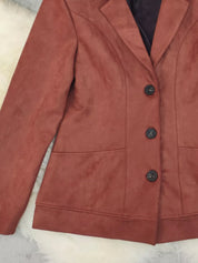 Rust-colored button-up lapel collar blazer with black buttons