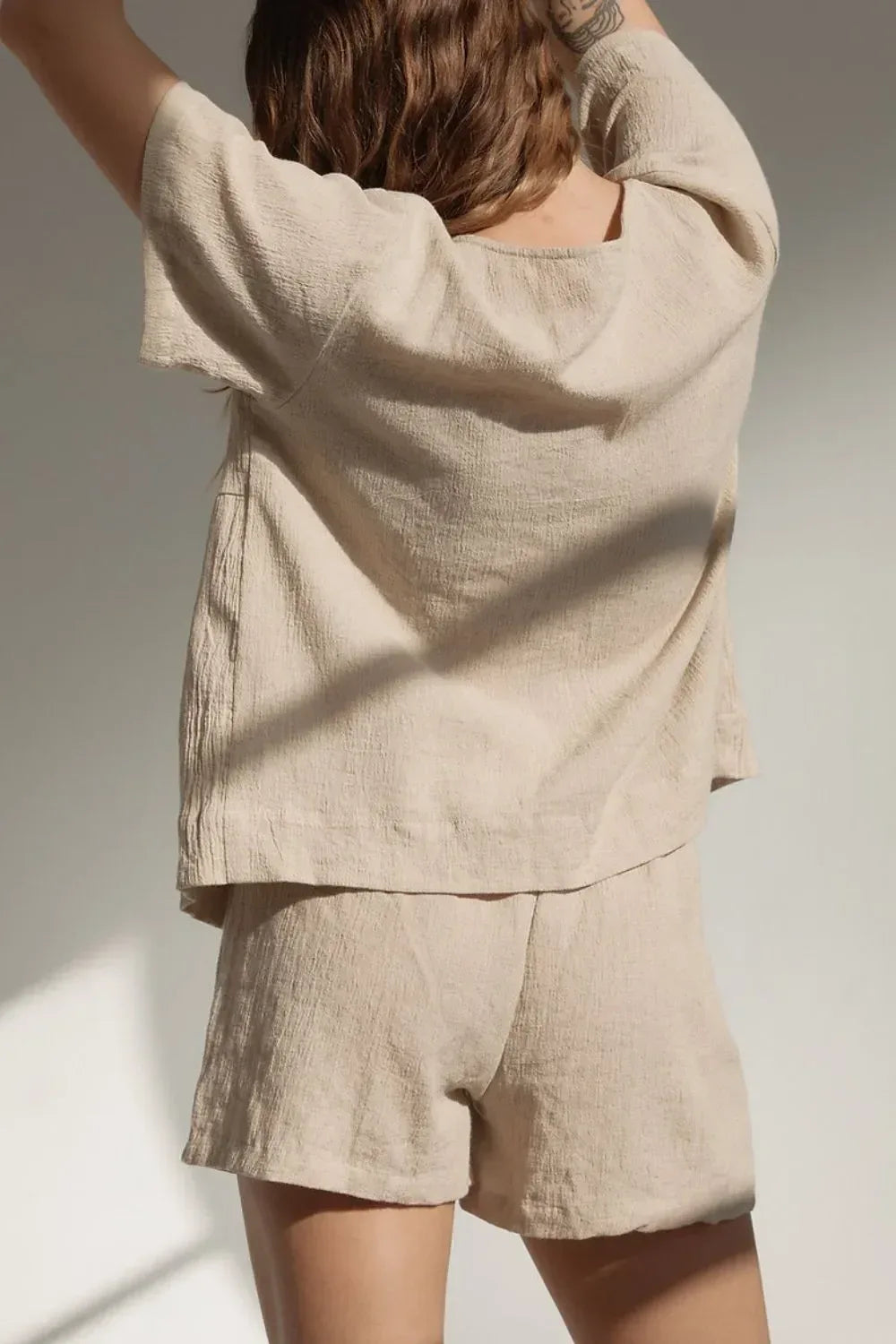 Plaid Tied Scoop Neck Short Sleeve Top and Drawstring Shorts Set - DAVERRI FASHIONS