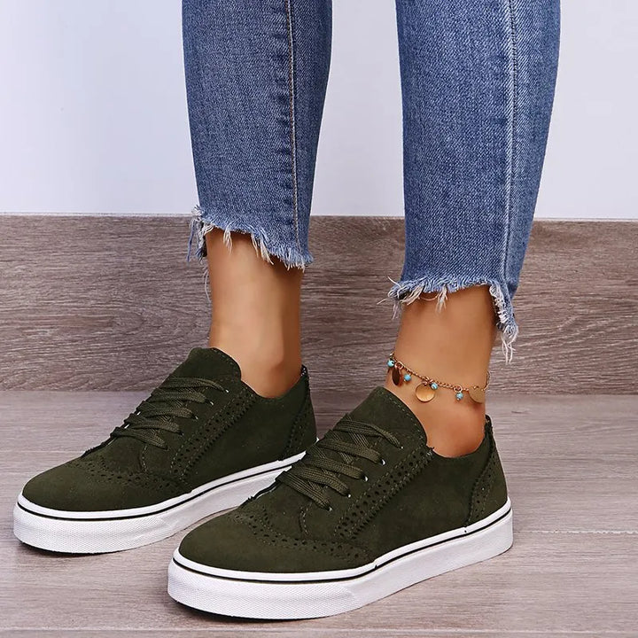 Army Green Lace-Up Suedette Flat Sneakers | Sneakers Daverri Fashions