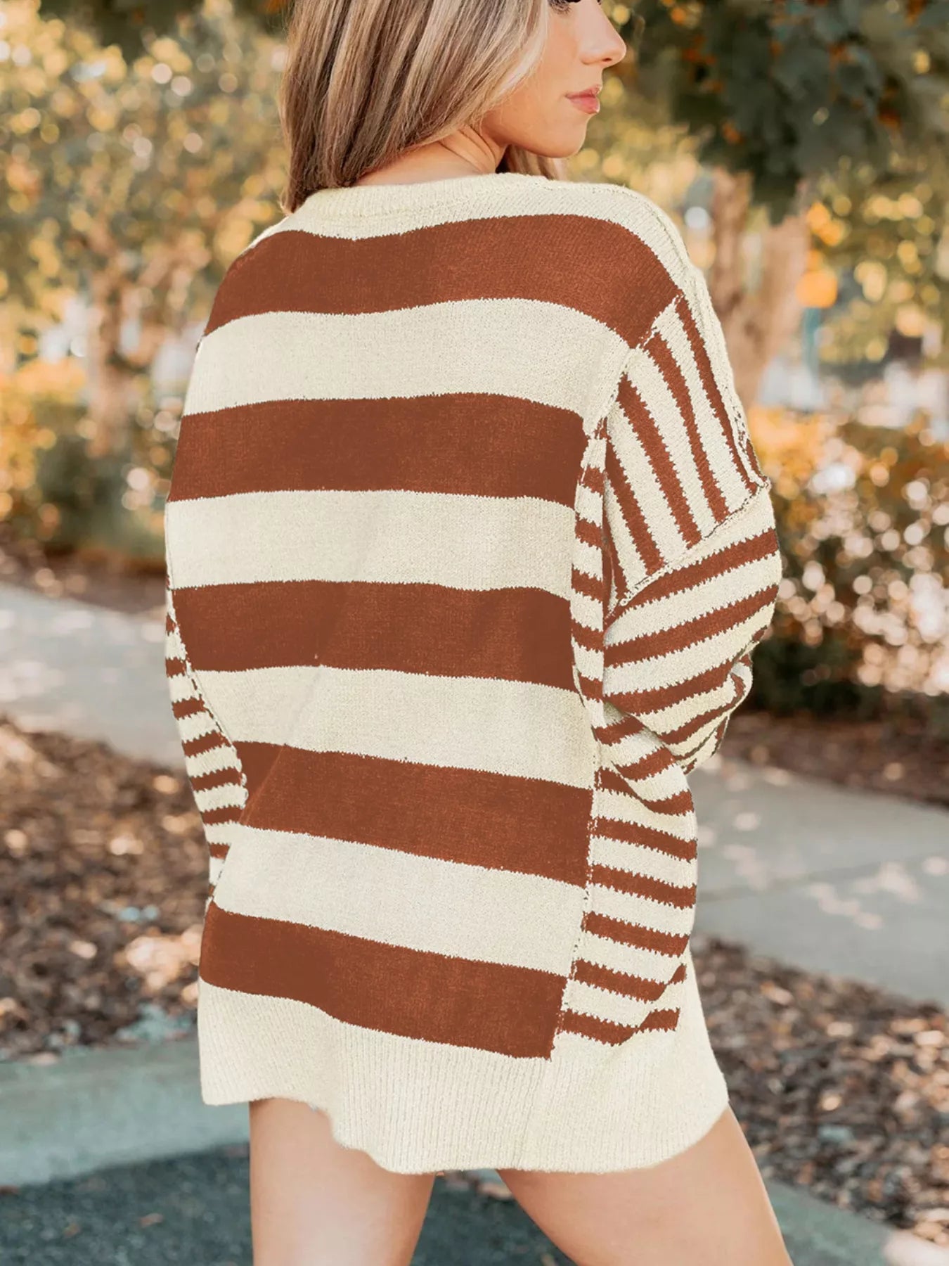Brown and cream striped drop shoulder baggy sweater dress