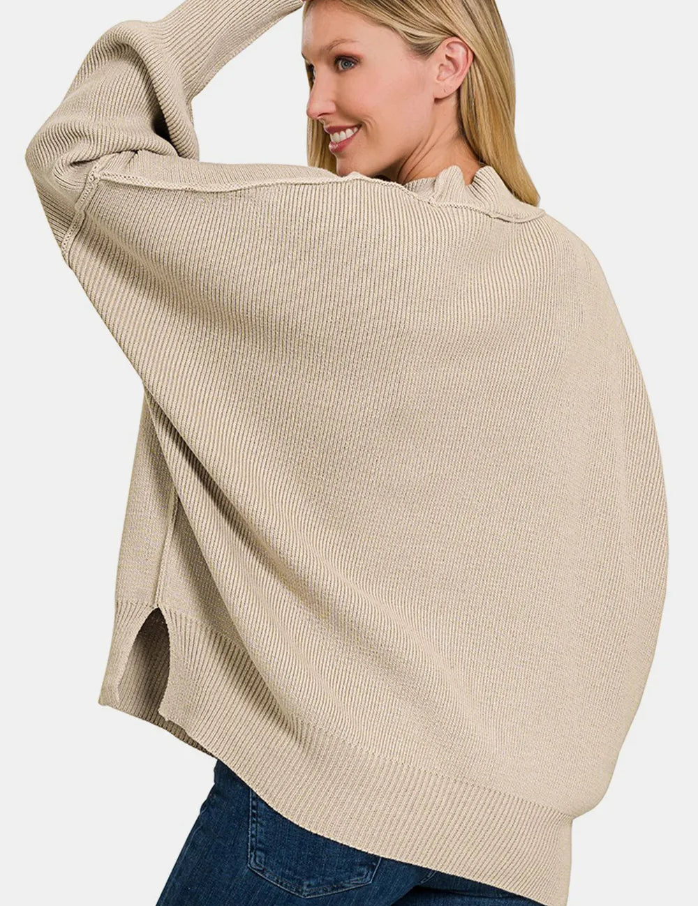 Zenana Side Sit Oversize Sweater Beige | Sweaters Daverri Fashions